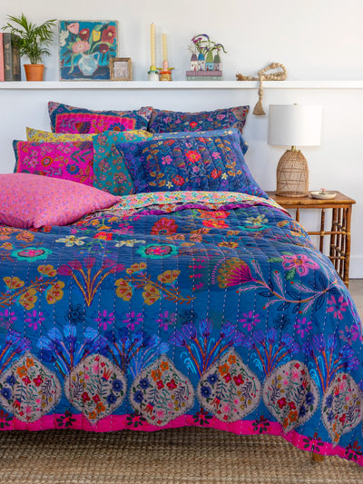 Bungalow Reversible Cotton Quilt - Navy Folk Flower-view 1