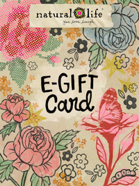 A decorative e-gift card from natural life with a vintage floral design, featuring pink and blue roses, small flowers, a butterfly, and the text 'E-GIFT Card' on a cream background.